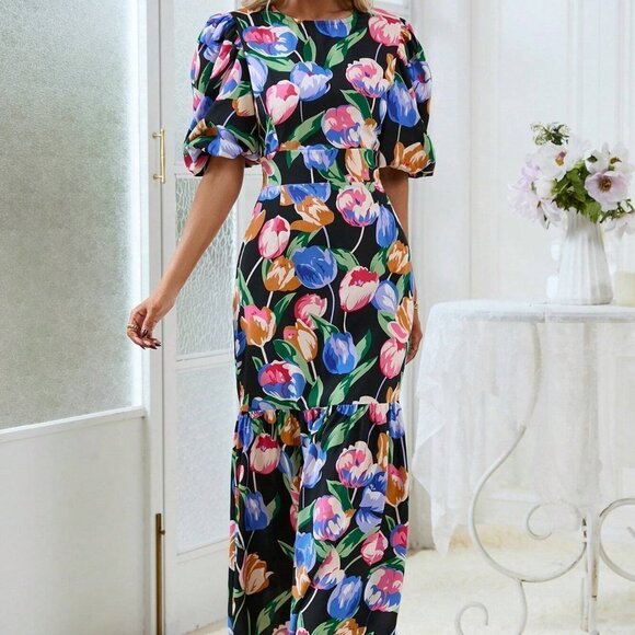 Multicolor Boho Womens Floral Print Puff Sleeve Ruffle Hem Dress - Picture 1 of 5